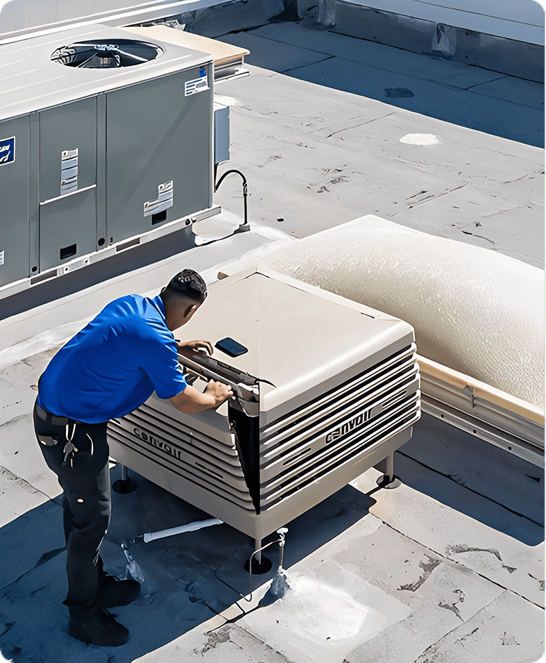 Technician inspecting HVAC unit on a rooftop.
