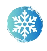 A white snowflake on a blue circular background with a brushstroke effect.